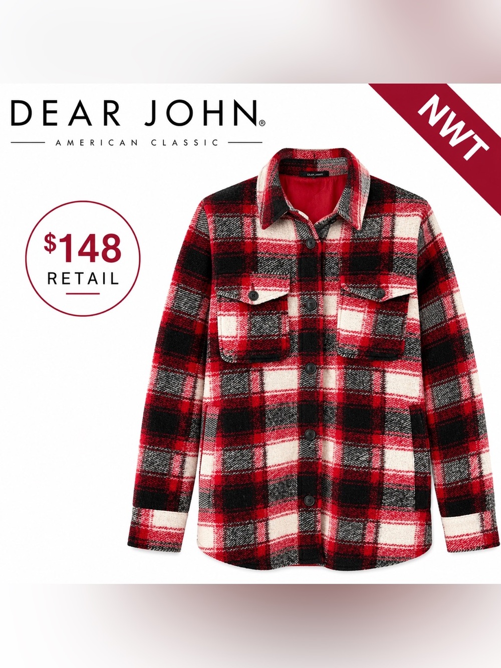 NWT Dear John Deanna Plaid Shacket Jacket Wool Blend Red Black Plaid